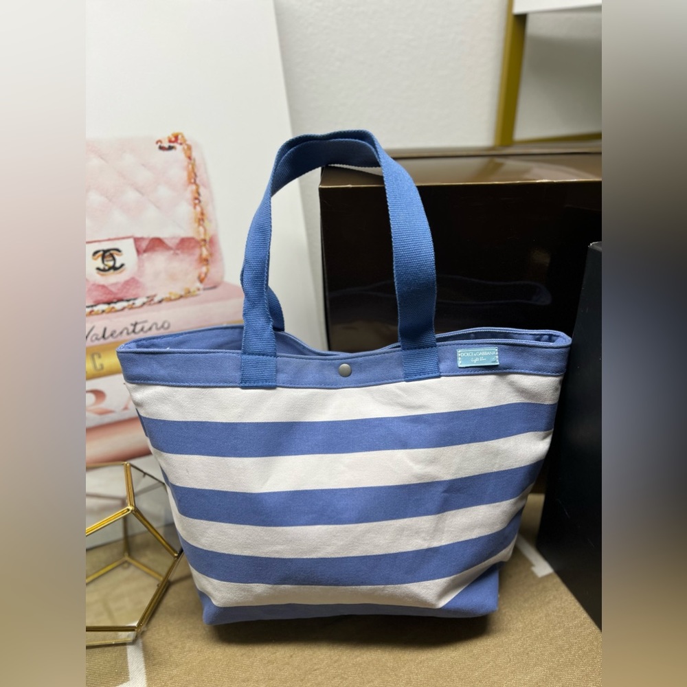 Dolce & Gabanna Blue/White Striped Canvas Tote,nylon lining